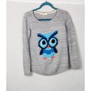 Rewind Womens Gray Blue Owl Graphic Knit Sweater M Casual Cozy Winter Whimsical